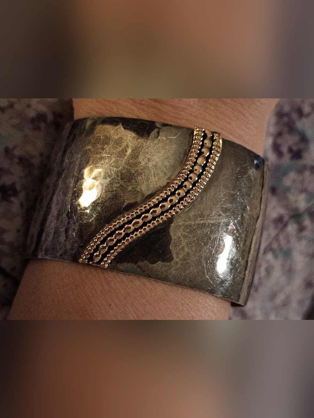 Silver And Gold Tone Statement Cuff Bracelet with Beaded Accent